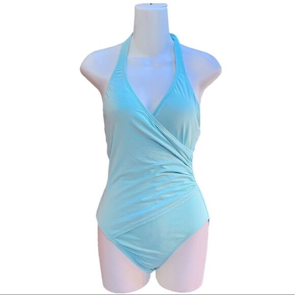 ANNE COLE SHIRRED FRONT HALTER ONE PIECE SWIMSUIT MINT SIZE - Picture 2 of 9